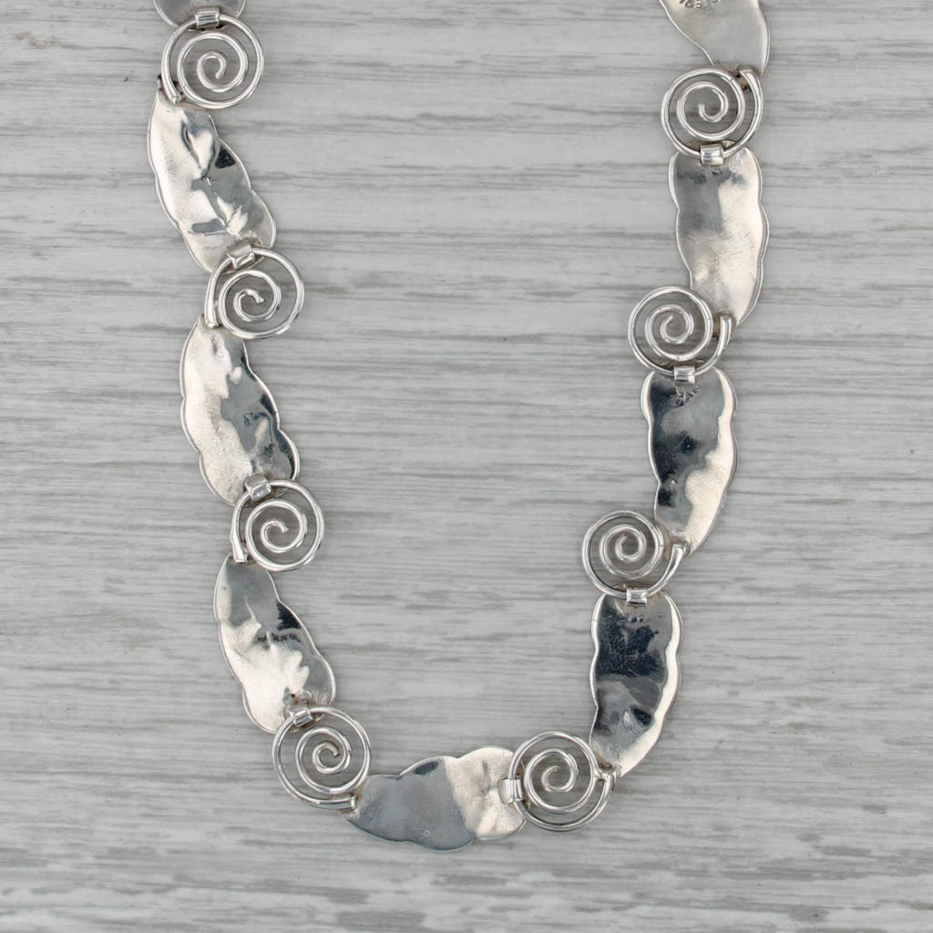 Leaf Swirl Link Statement Necklace Sterling Silver 19.5" Hook Clasp Taxco Mexico