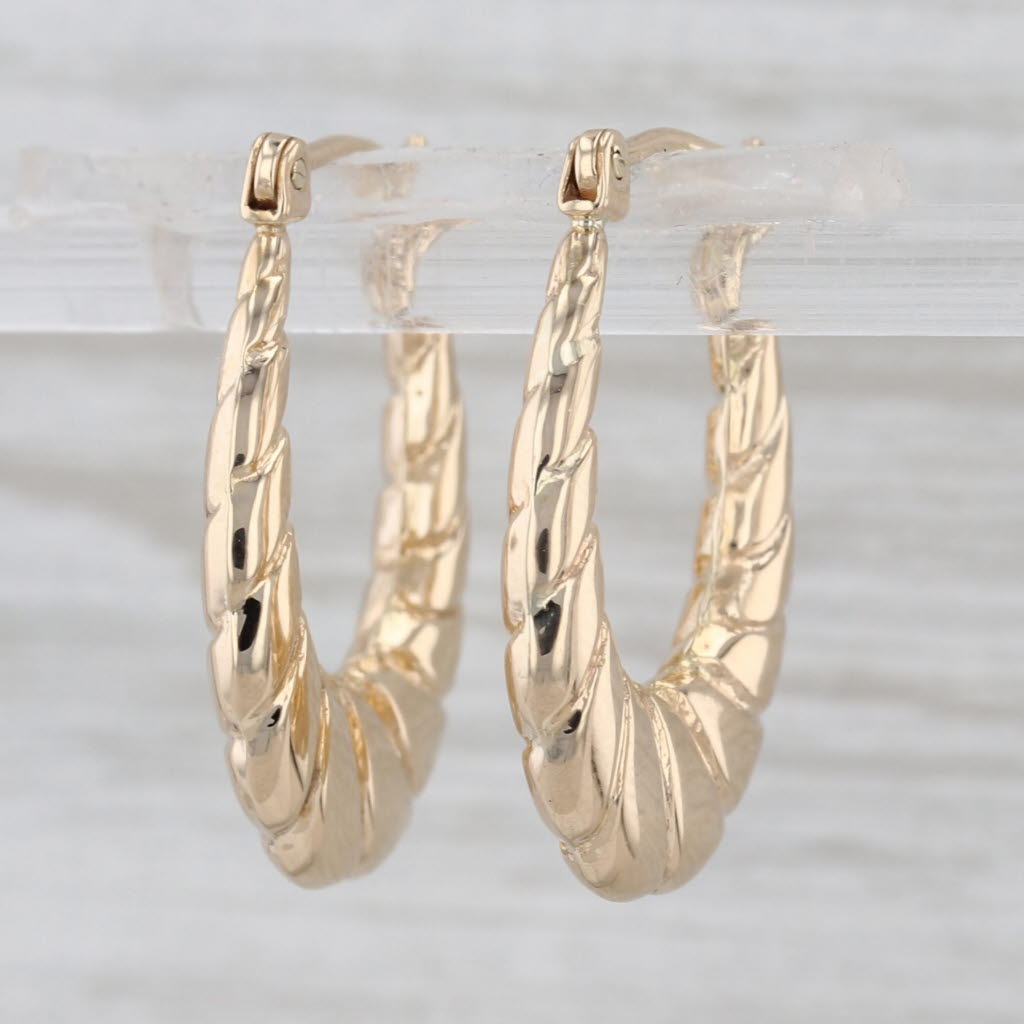 Beveled Croissant Hoop Earrings 14k Yellow Gold Snap Top Oval Hoops