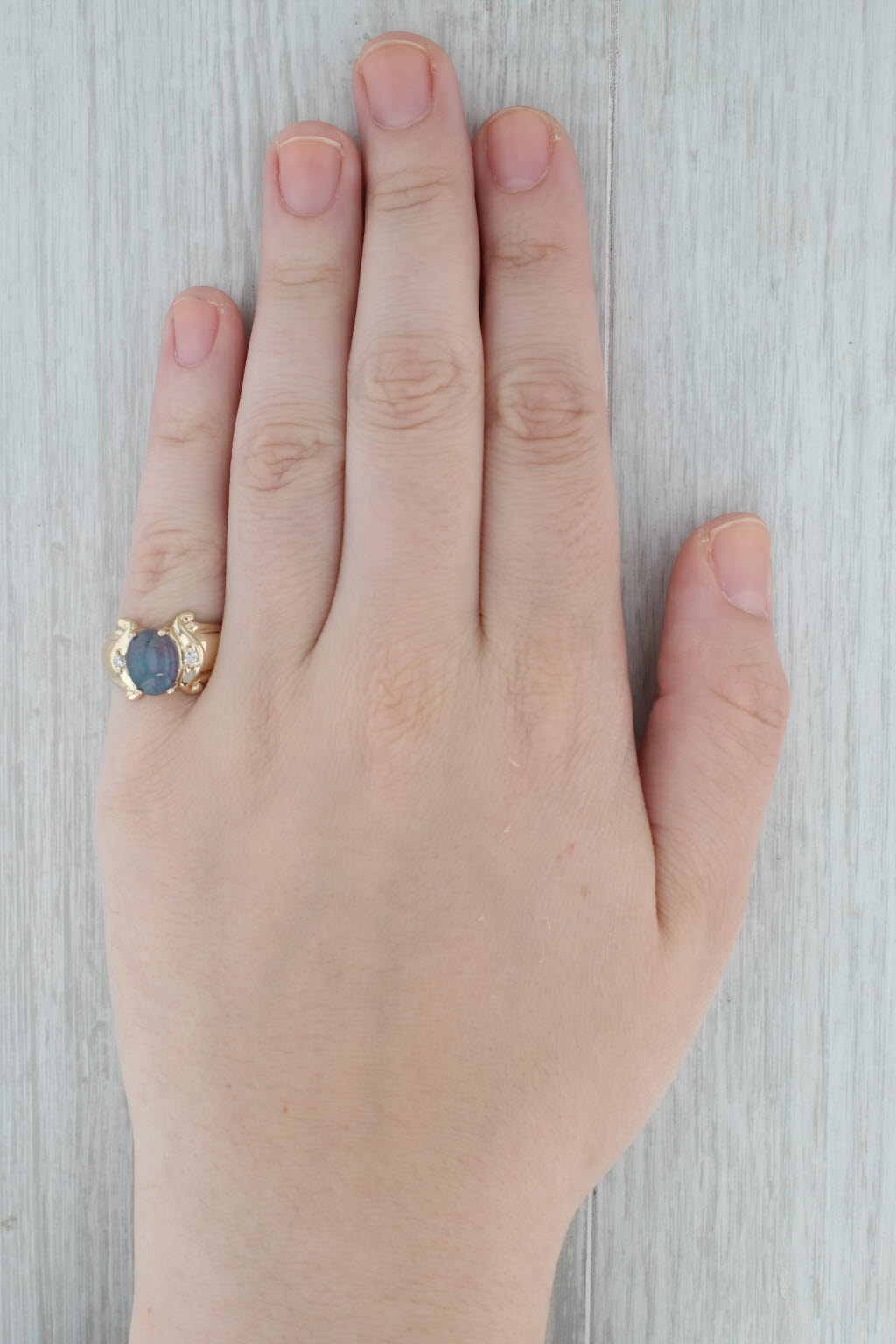 Dark Gray Opal Oval Triplet Diamond Accent 10k Yellow Gold Ring Size 7