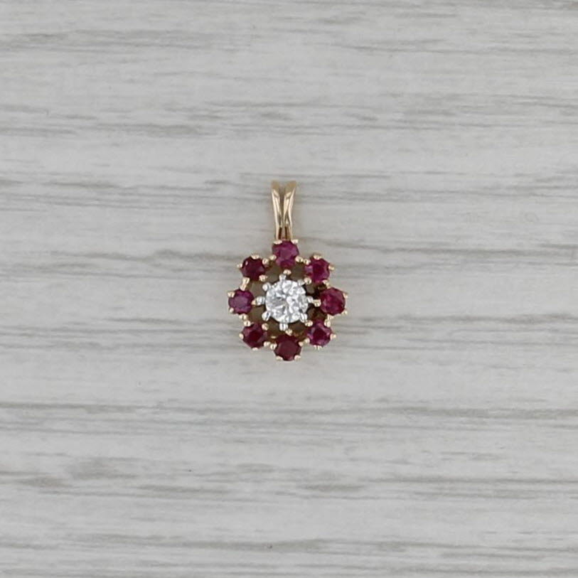 0.54ctw Ruby Diamond Flower Pendant 14k Yellow Gold Small Drop