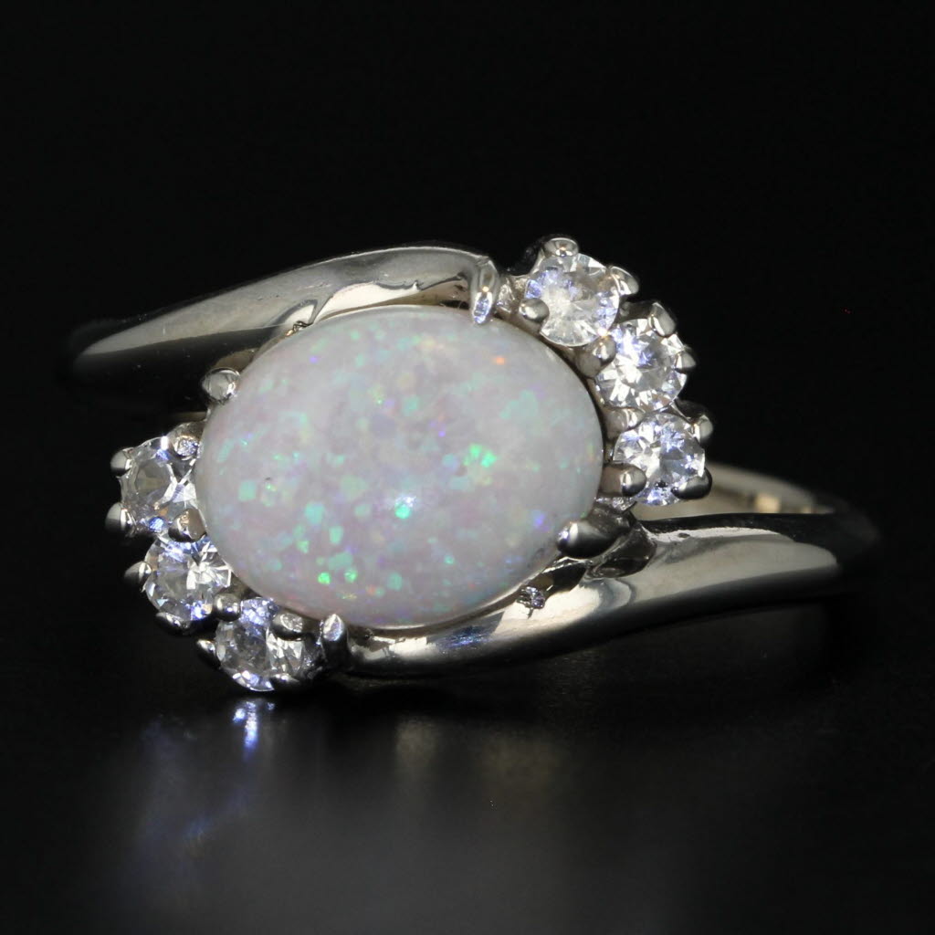 Dark Gray Lab Created Opal Cubic Zirconia Bypass Ring 10k White Gold Size 6.5