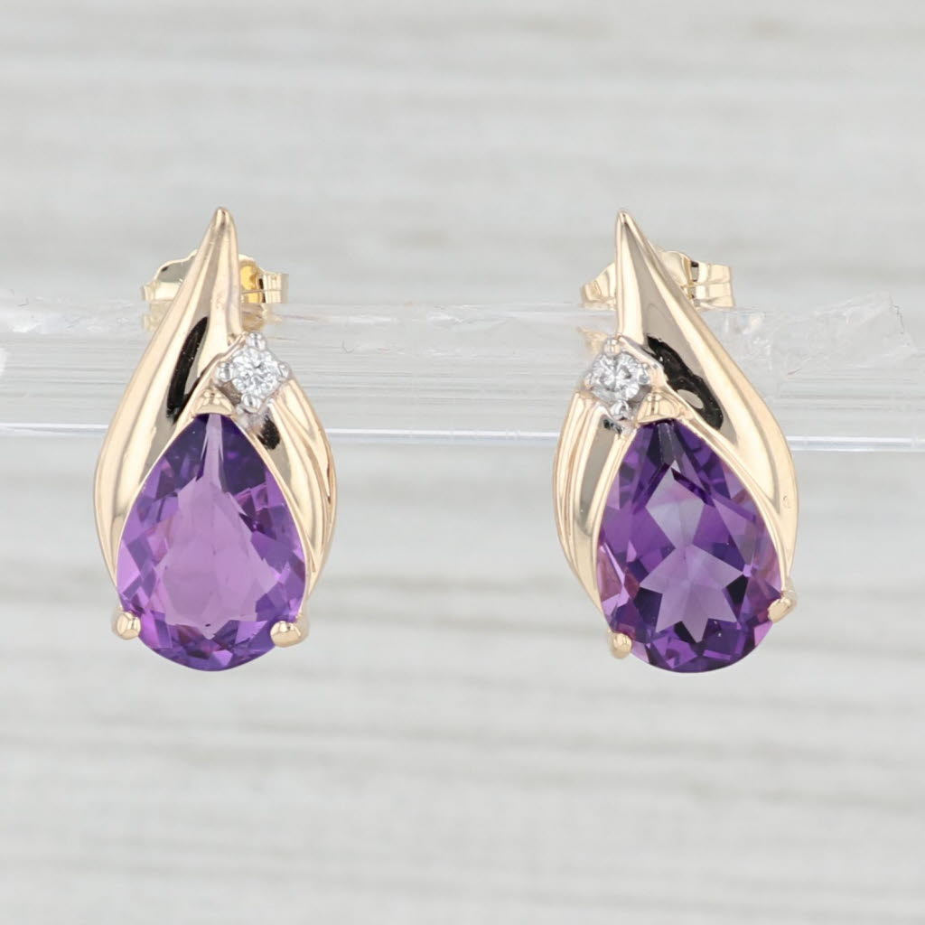 Light Gray 3.06ctw Teardrop Amethyst Earrings 14k Yellow Gold Pear Studs