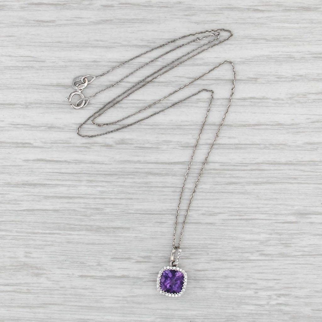 1.47ctw Amethyst Diamond Halo Pendant Necklace 18k White Gold 16.25" Cable Chain