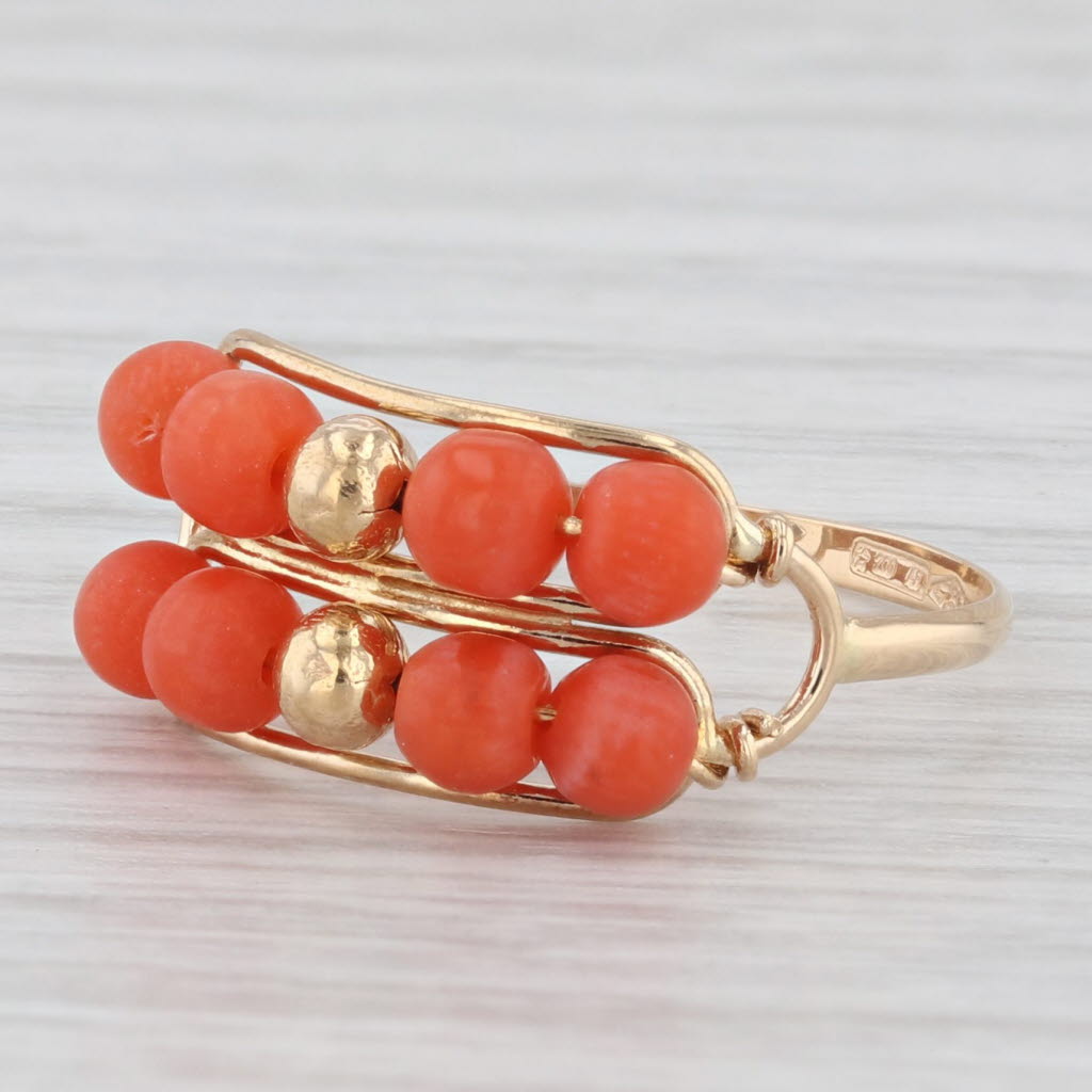 Vintage Orange Coral Bead Ring 18k Yellow Gold Size 6 Italian