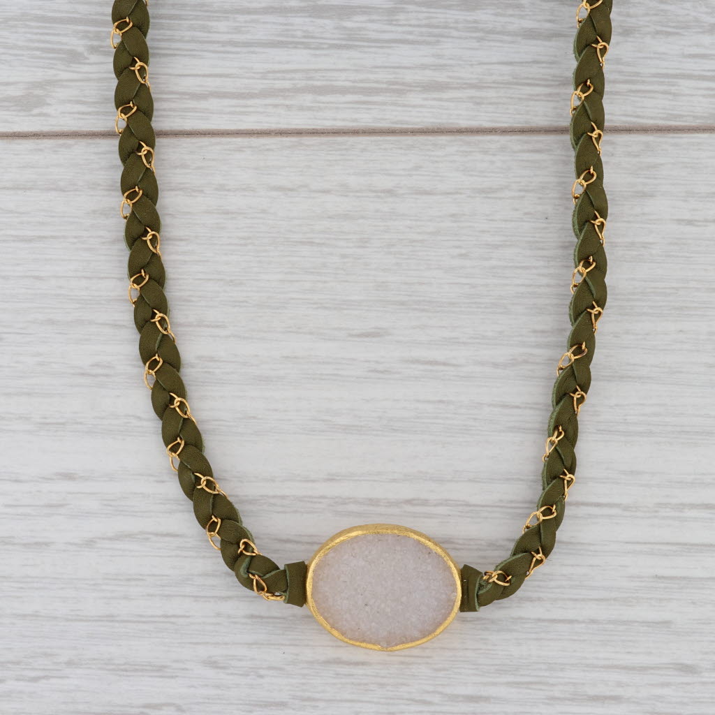 New Nina Wynn Cordelia Necklace Woven Green Leather White Druzy Quartz