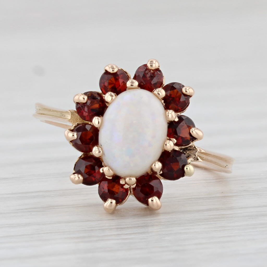 Light Gray Opal 1ctw Garnet Halo Ring 14k Yellow Gold Size 6.5 Oval Cabochon