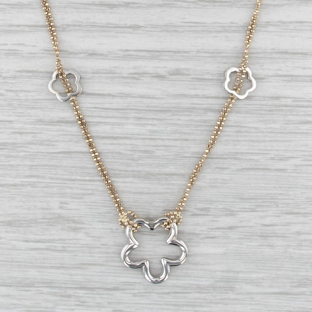 2-Toned Flower Station Bead Chain Necklace 14k Yellow White Gold 16" Floral