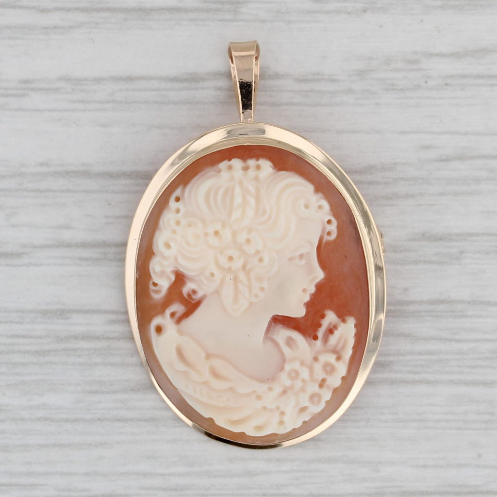 Gray Carved Shell Cameo Pendant Brooch 14k Yellow Gold Vintage Pin