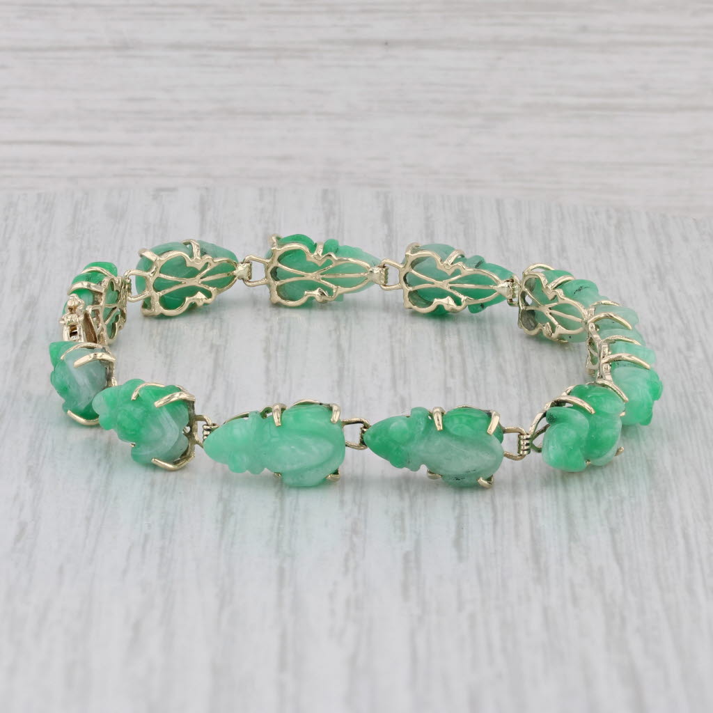 Gray Carved Jadeite Jade Frog Bracelet 14k Yellow Gold 7.5" 8mm