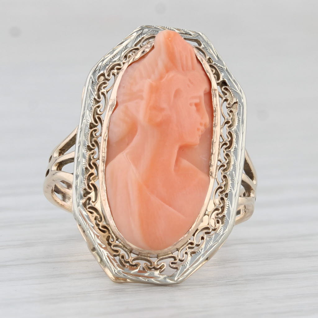 Light Gray Vintage Coral Cameo Ring 12k Yellow Gold Size 7 Filigree