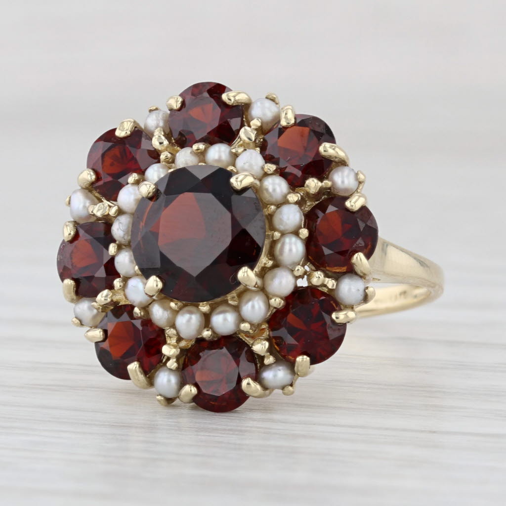 6.50ctw Garnet Seed Pearl Flower Ring 14k Yellow Gold Size 8.5 Cocktail