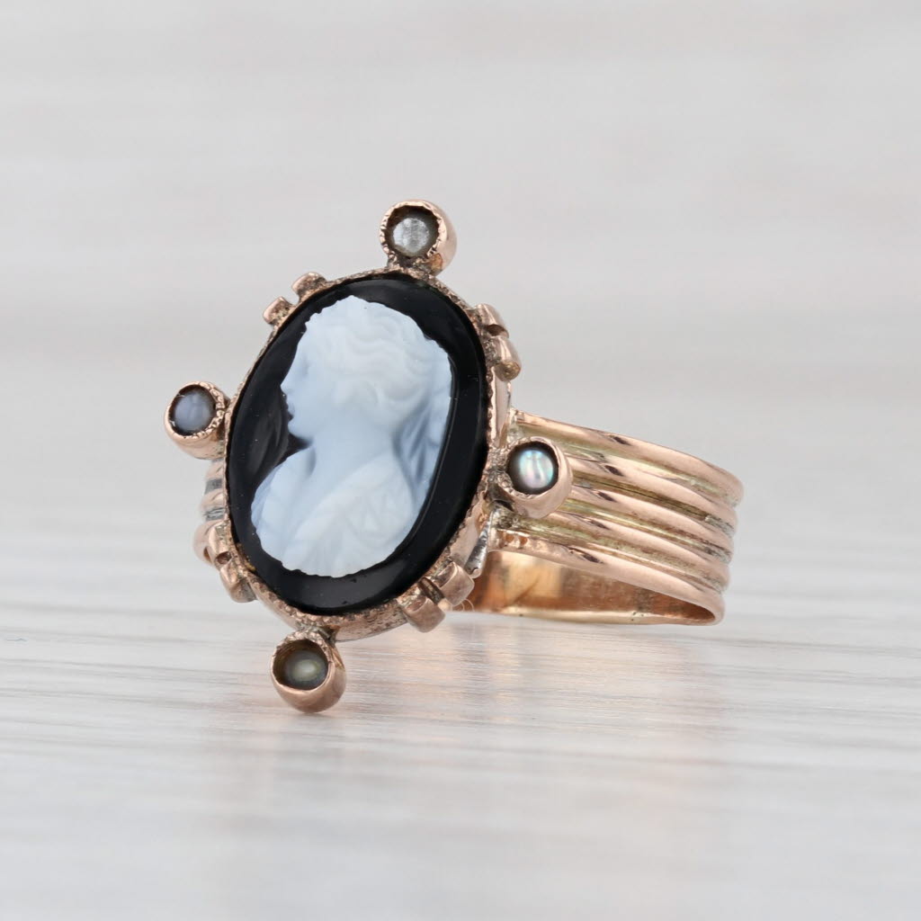 Antique Chalcedony Cameo Signet Ring 9k Yellow Gold Imitation Pearls Size 6.75