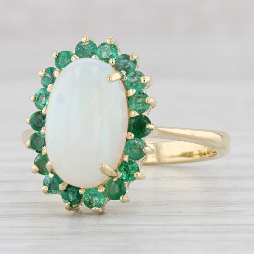 Light Gray Oval Cabochon Opal 0.90ctw Emerald Halo Ring 14k Yellow Gold Size 10