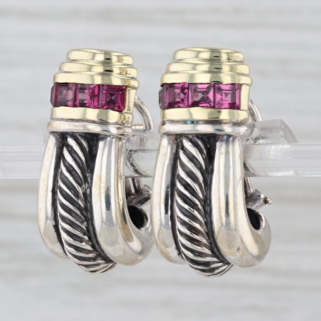 Yurman Renaissance Rhodolite Garnet J-Hook Earrings Sterling Silver 14k Gold