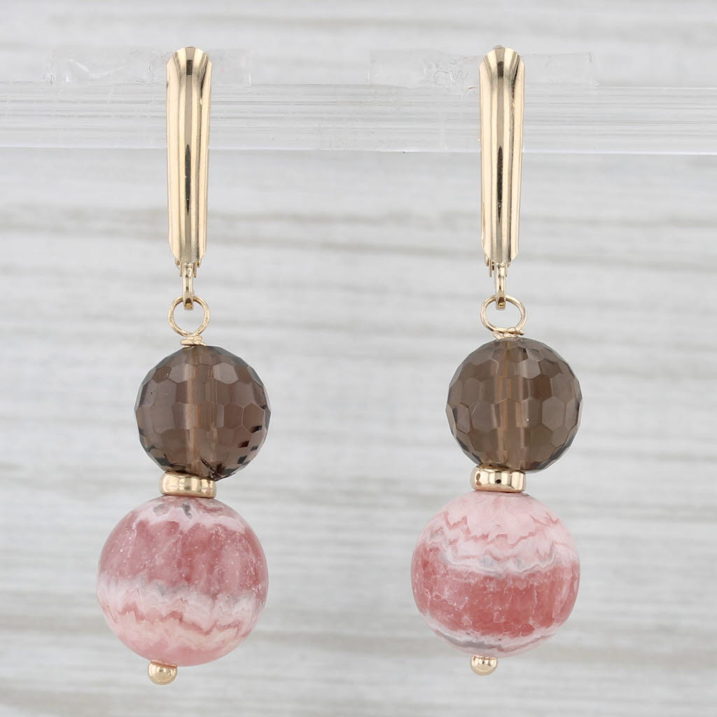 Light Gray Smoky Quartz Rhodochrosite Bead Dangle Earrings 14k Yellow Gold