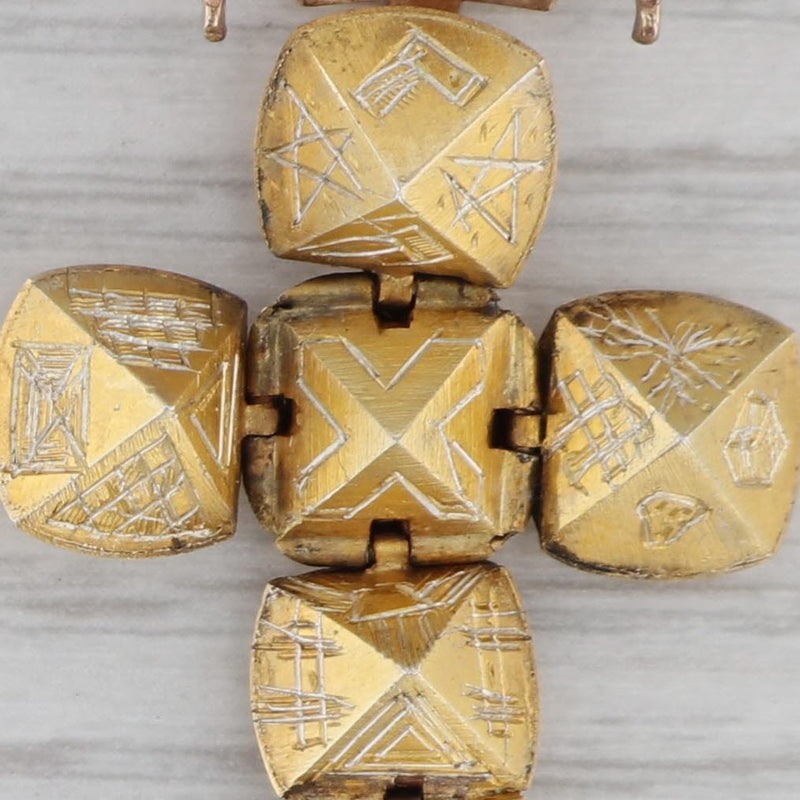 Tan Antique Masonic Cross Orb Fob Charm 9ct Gold Silver Engraved Symbols Skull Stars