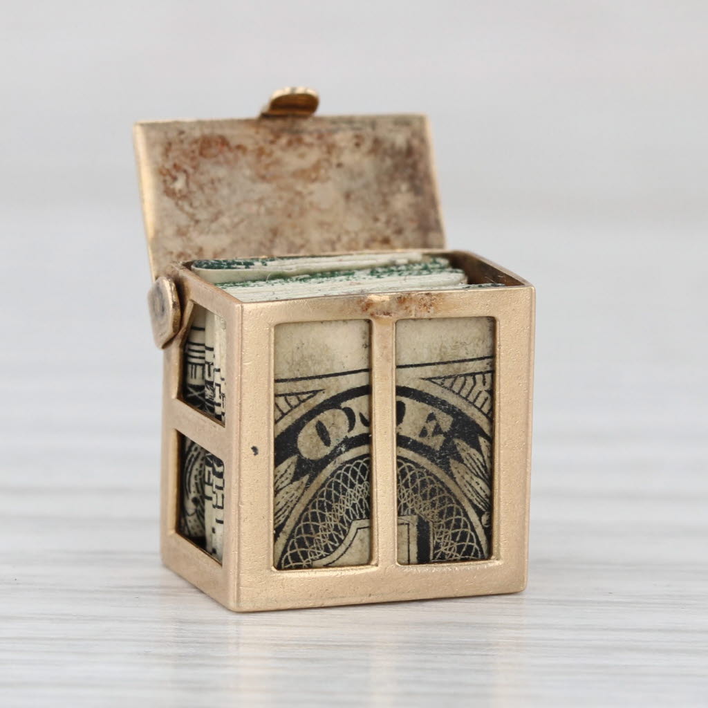 Vintage Emergency Money Dollar Bill in Box Charm 14k Yellow Gold Pendant