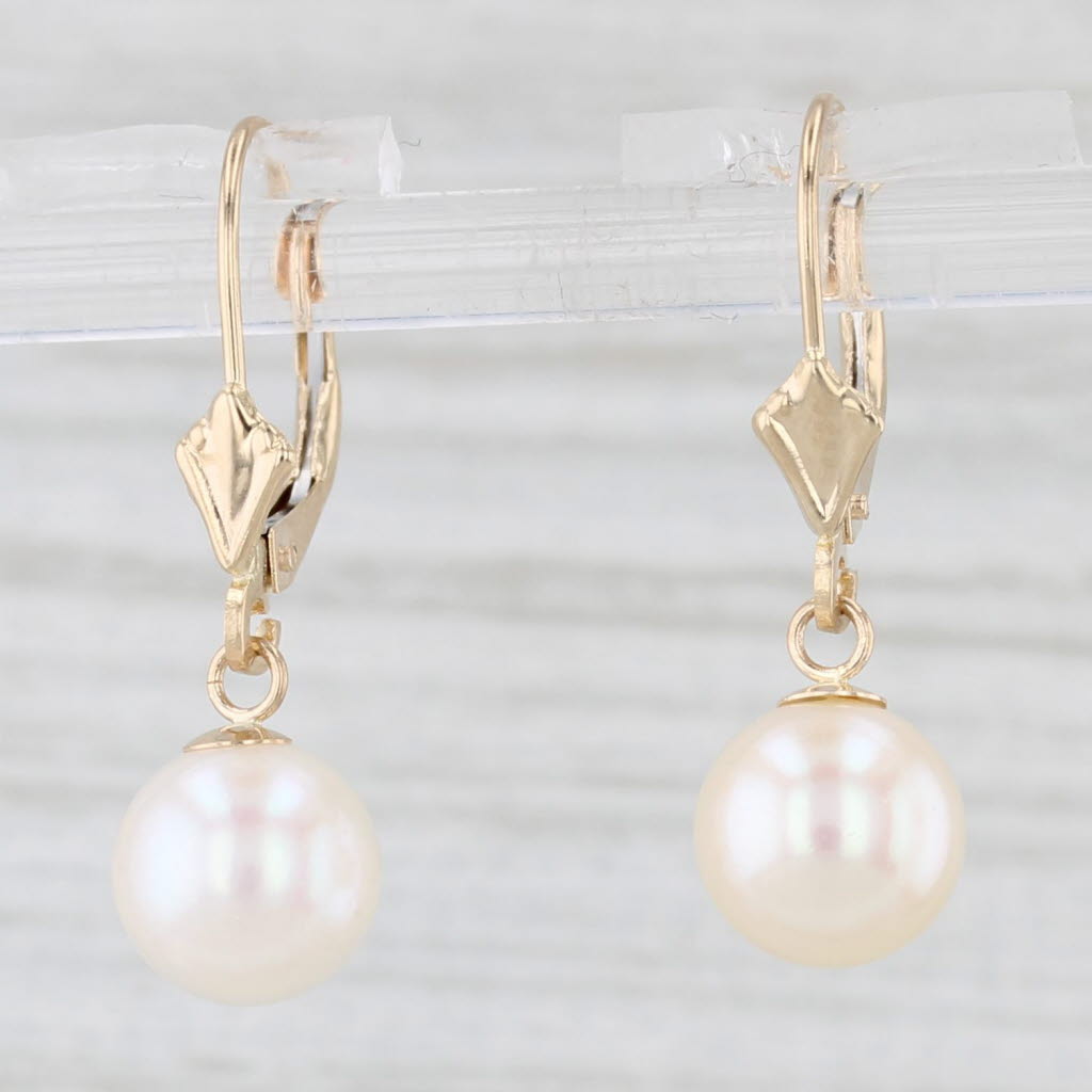 Light Gray Cultured Pearl Dangle Earrings 14k Yellow Gold Lever Back Drops