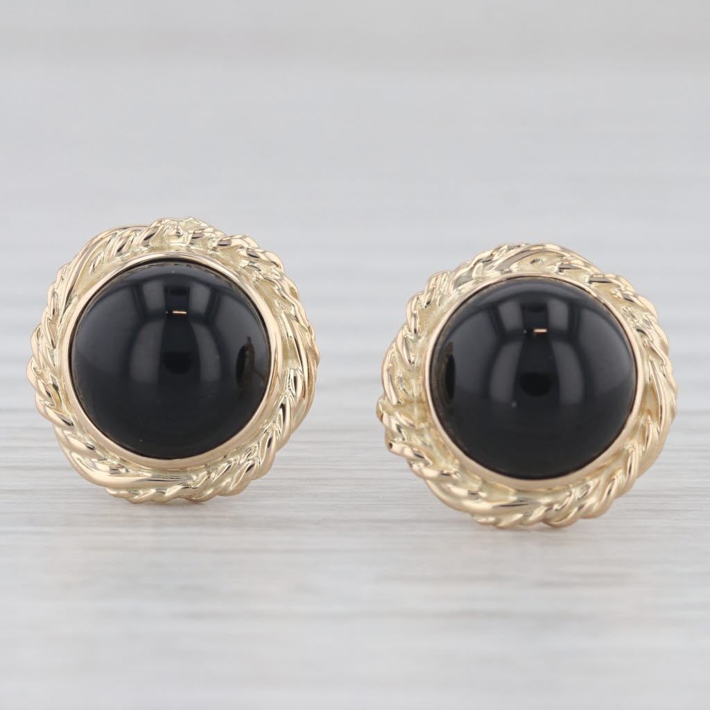 Light Gray Round Cabochon Black Onyx Stud Earrings 14k Yellow Gold