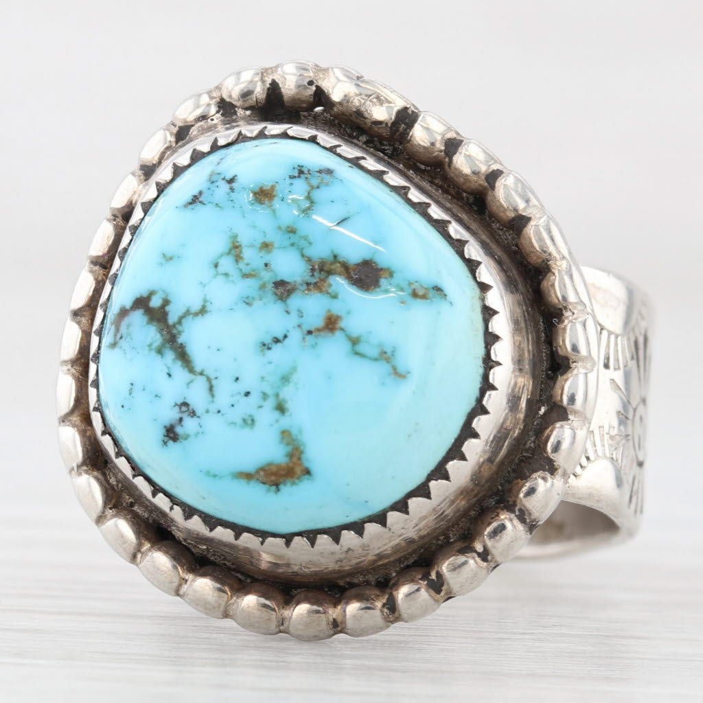 Light Gray Native American Turquoise Cabochon Ring Sterling Silver Size 5.75 Vintage