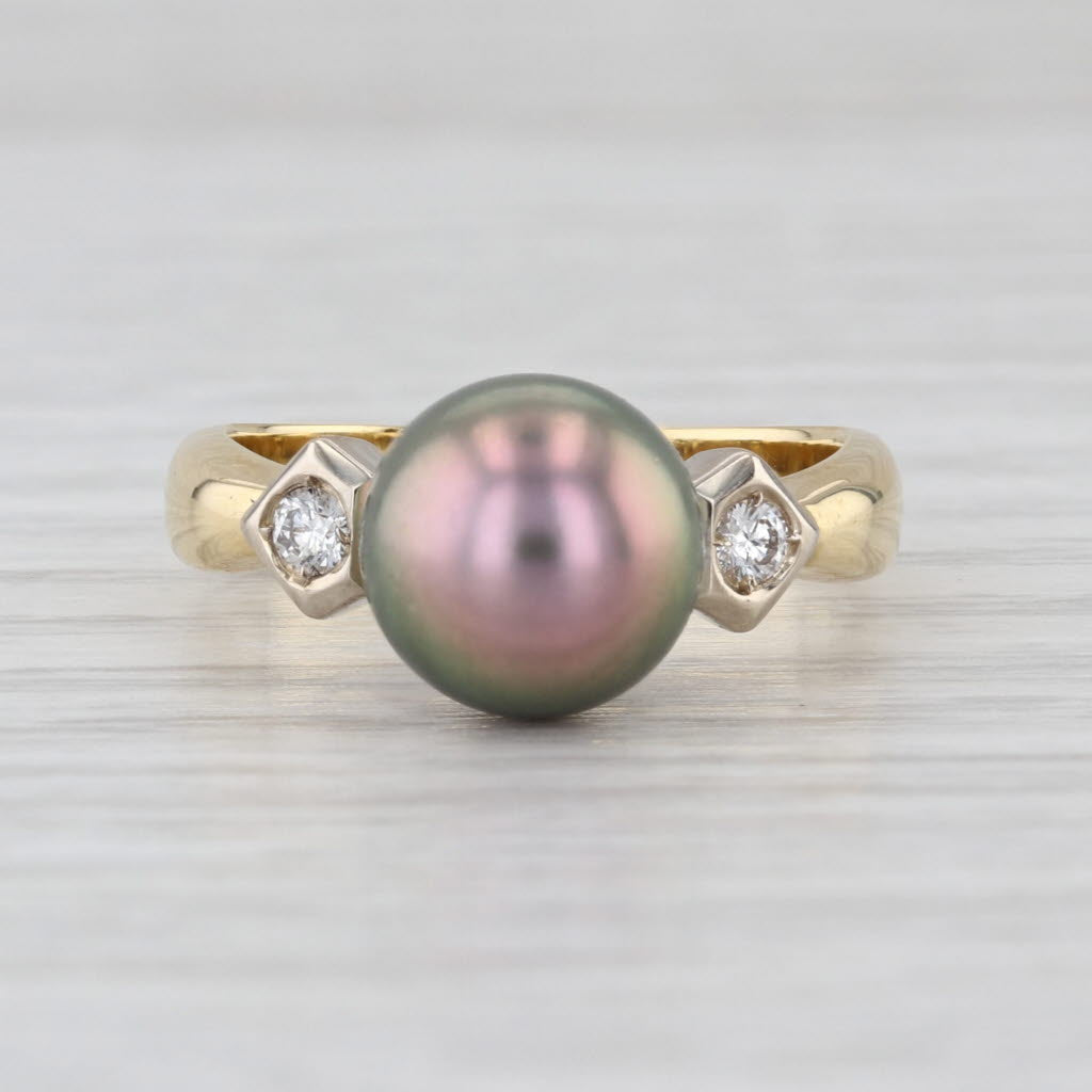Black Cultured Pearl Diamond Ring 18k Yellow White Gold Size 6