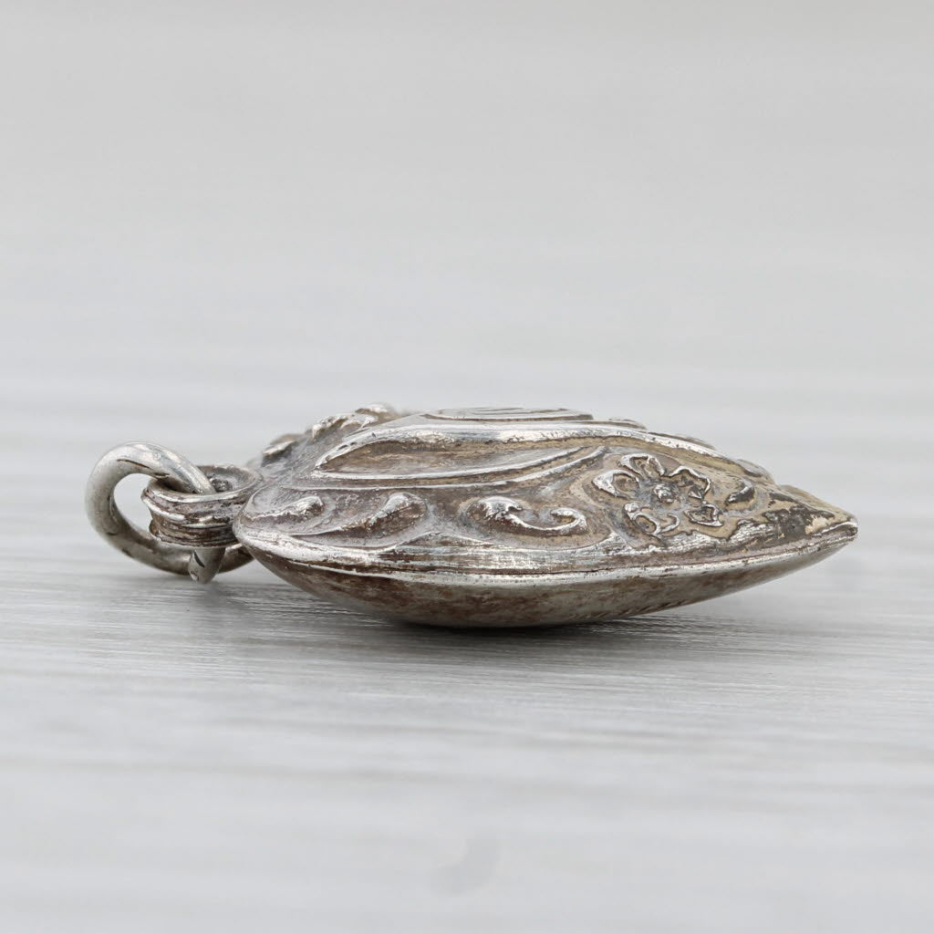 Light Gray Vintage Puffy Heart Bird Charm Sterling Silver Ornate Pendant