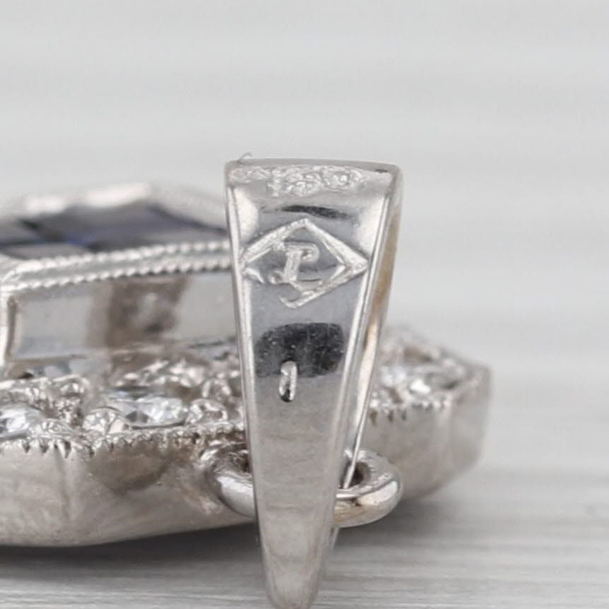 0.75ctw Blue Sapphire Diamond Halo Pendant 18k White Gold Small Drop