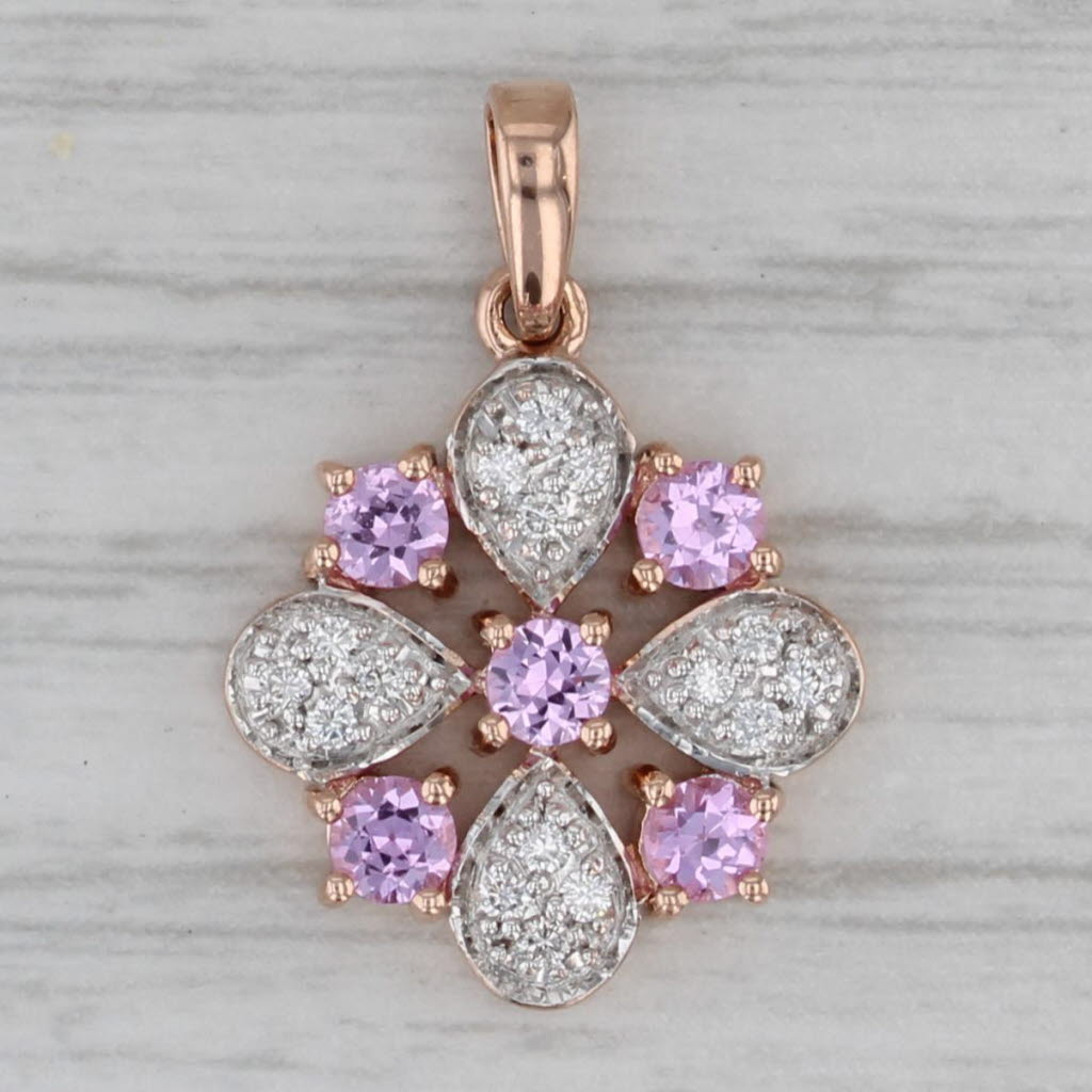 Gray 0.79ctw Pink Sapphire Diamond Flower Pendant 14k Rose Gold