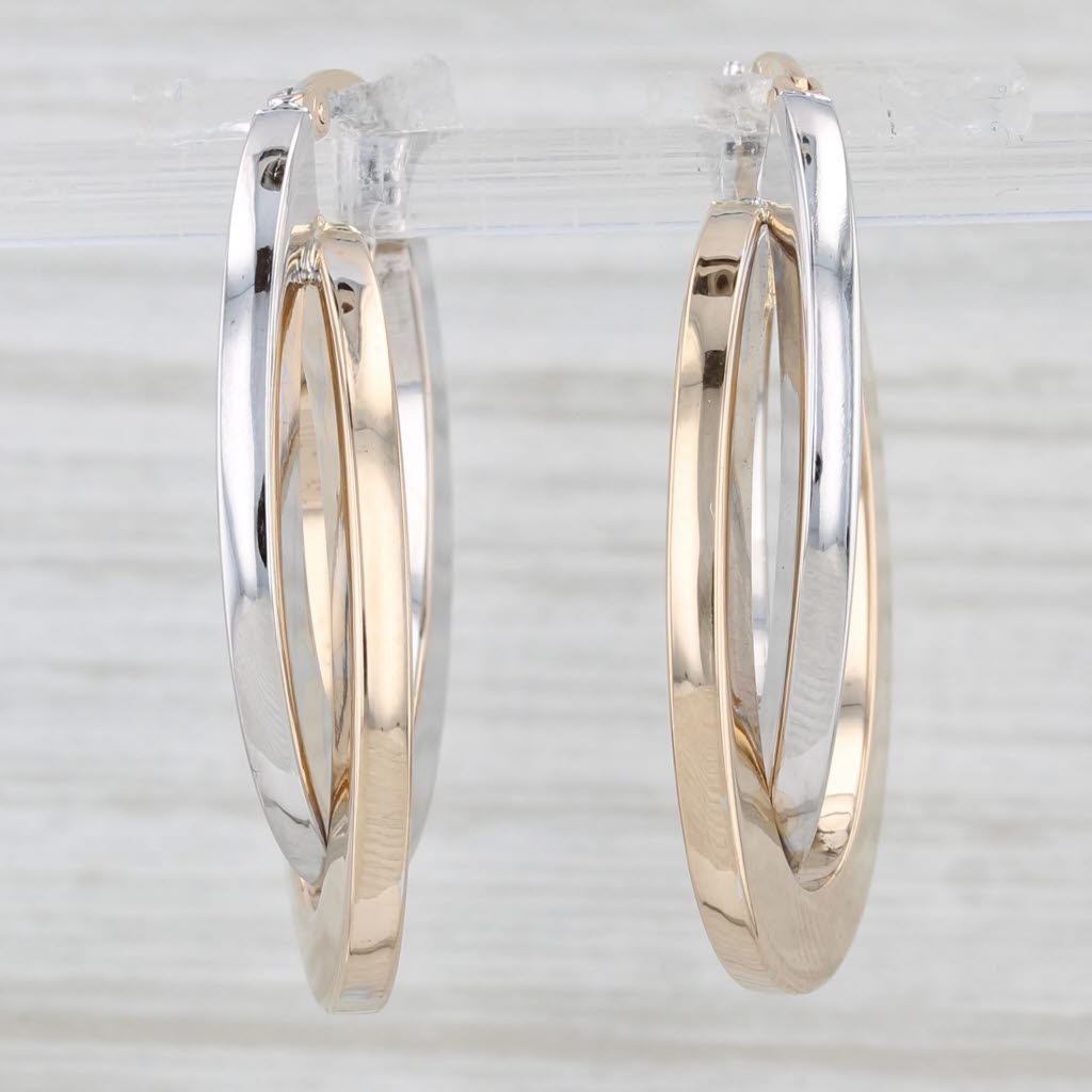 Light Gray Interlocking Hoop Earrings 14k Yellow White Gold Oval Hoops Snap Top