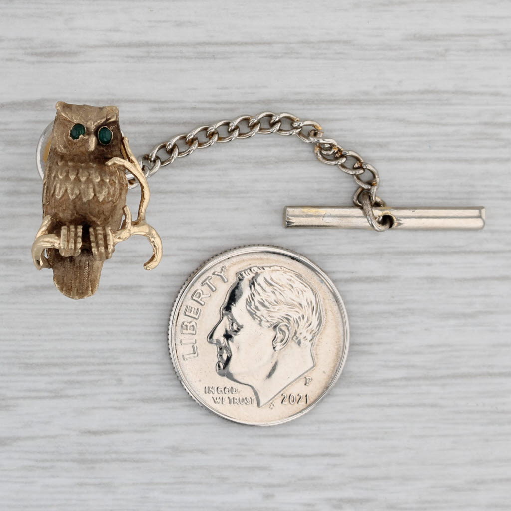 Gray Vintage Perched Owl Tie Tac Pin 14k Yellow Gold Green Glass Eyes