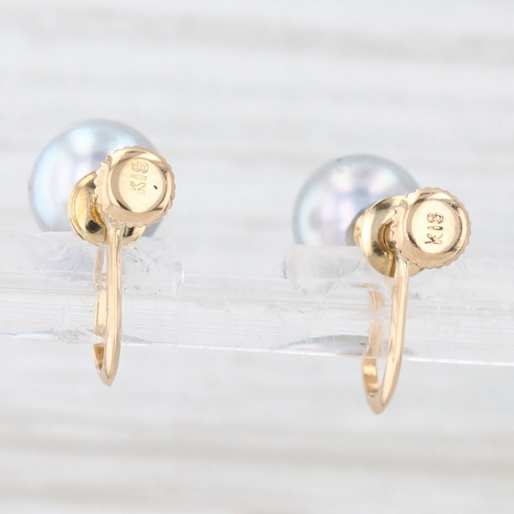 Light Gray 7.5mm Gray Cultured Pearl Stud Earrings 18k Yellow Gold Non Pierced Screw Backs
