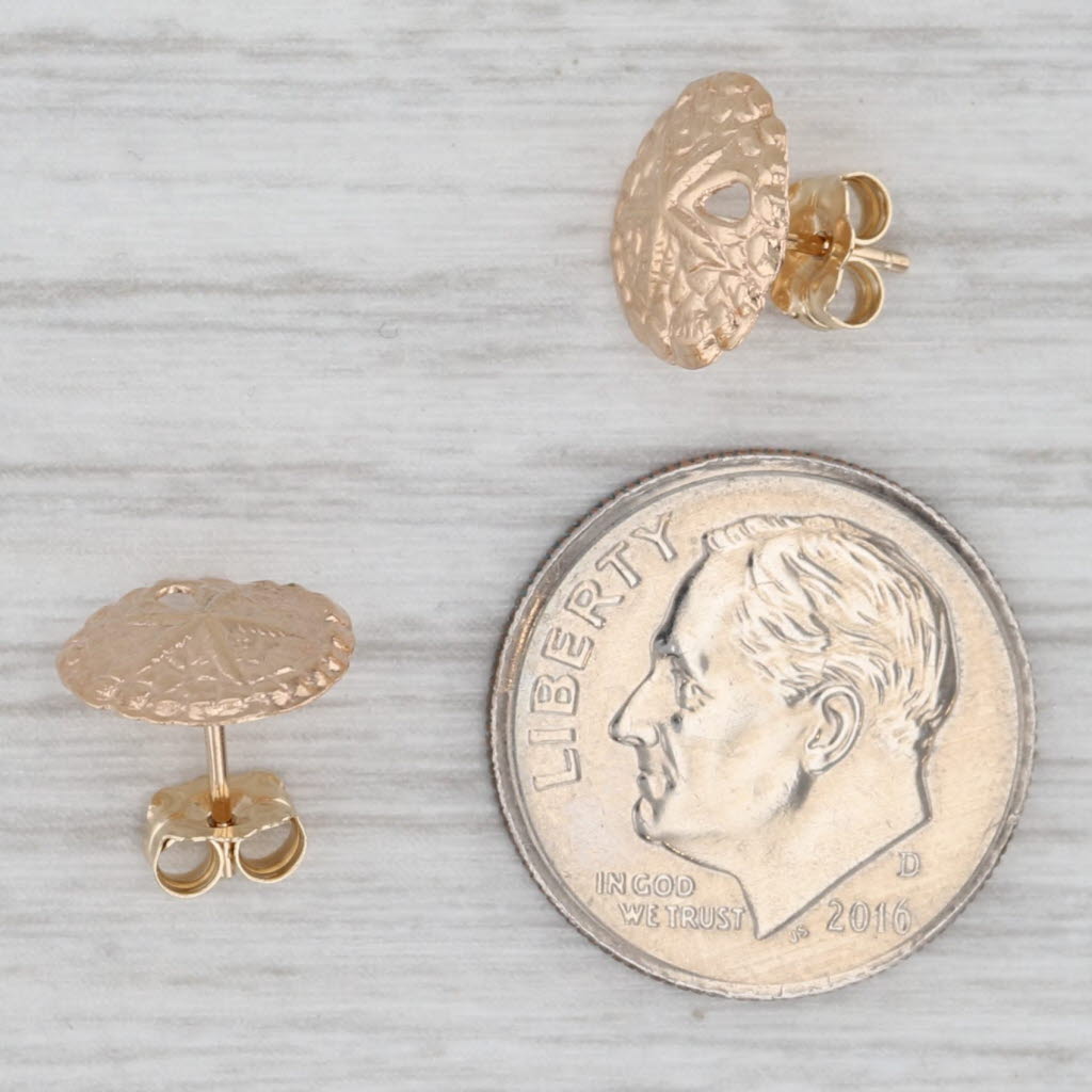 Light Gray Round Sand Dollar Stud Earrings 14k Yellow Gold Nautical Jewelry