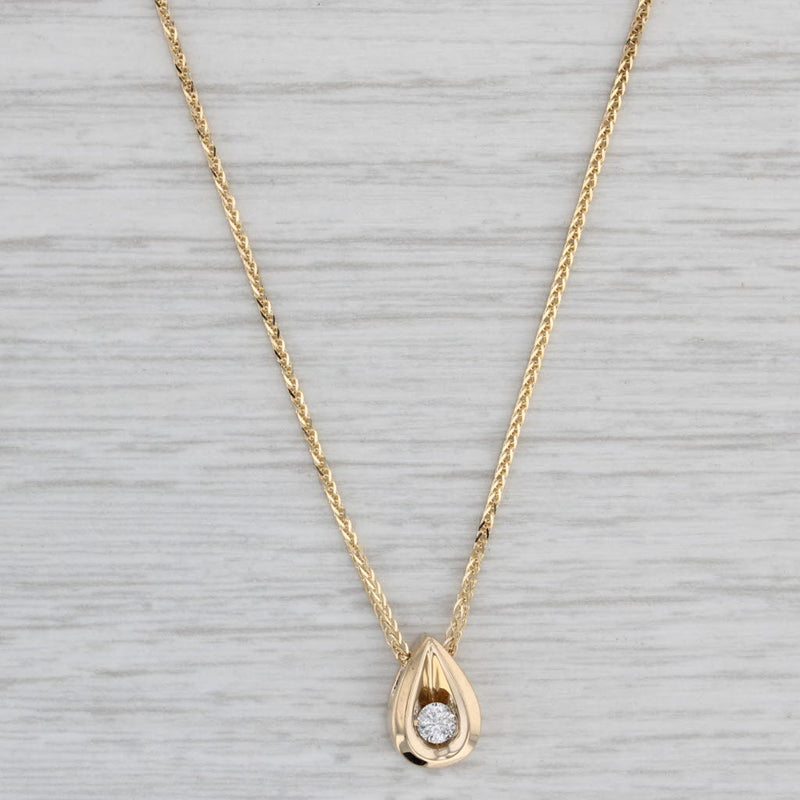 0.10ct Diamond Teardrop Pendant Necklace 14k Yellow Gold 18" Wheat Chain