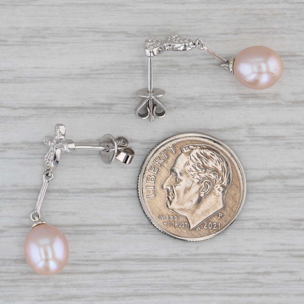 Gray Pink Cultured Pearl Dangle Earrings 14k White Gold Pierced Drops