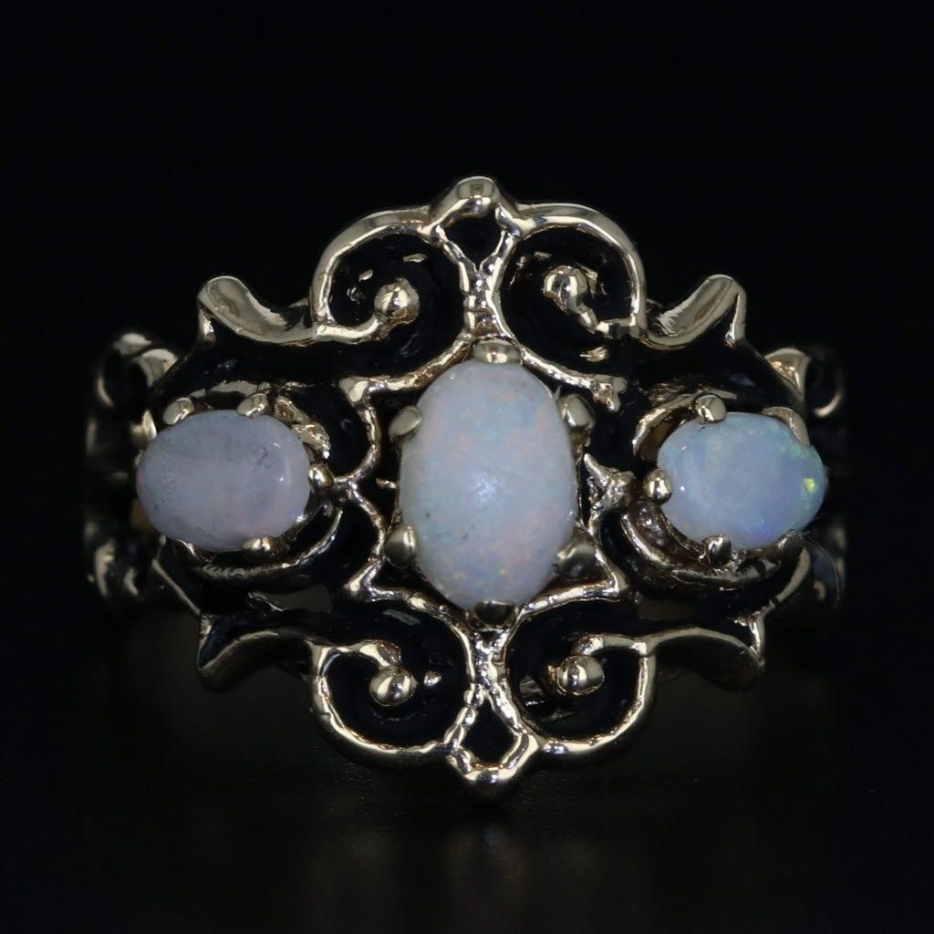 Black Vintage Ornate Opal 3-Stone 10k Yellow Gold Size 6 Cocktail