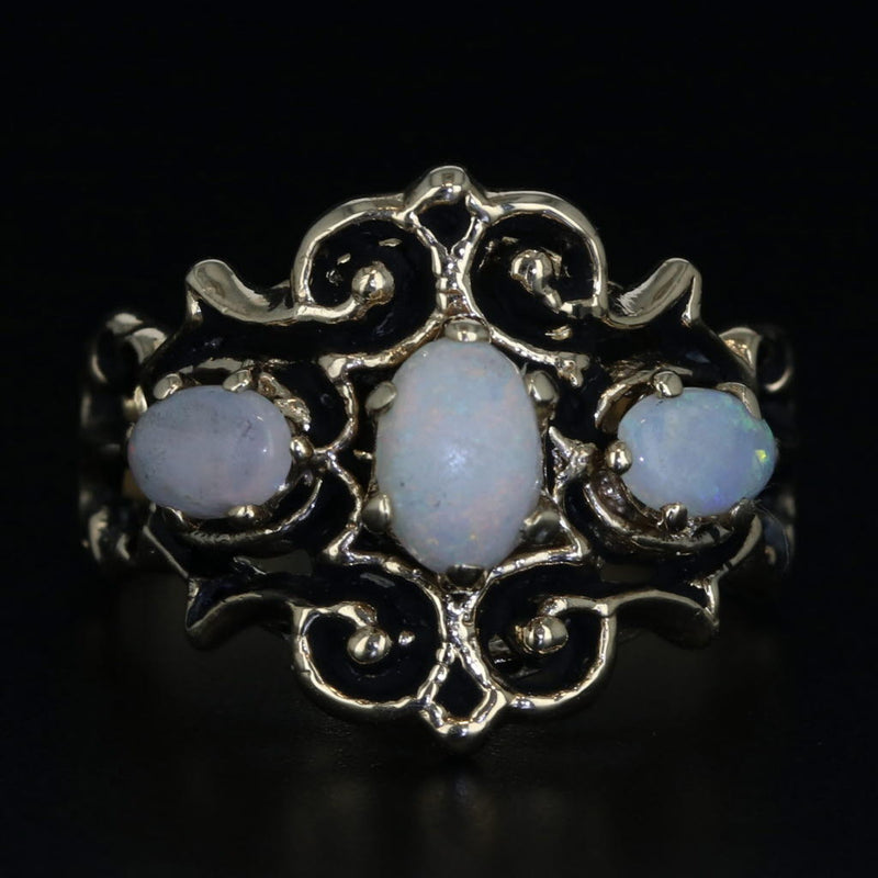 Vintage Ornate Opal 3-Stone 10k Yellow Gold Size 6 Cocktail