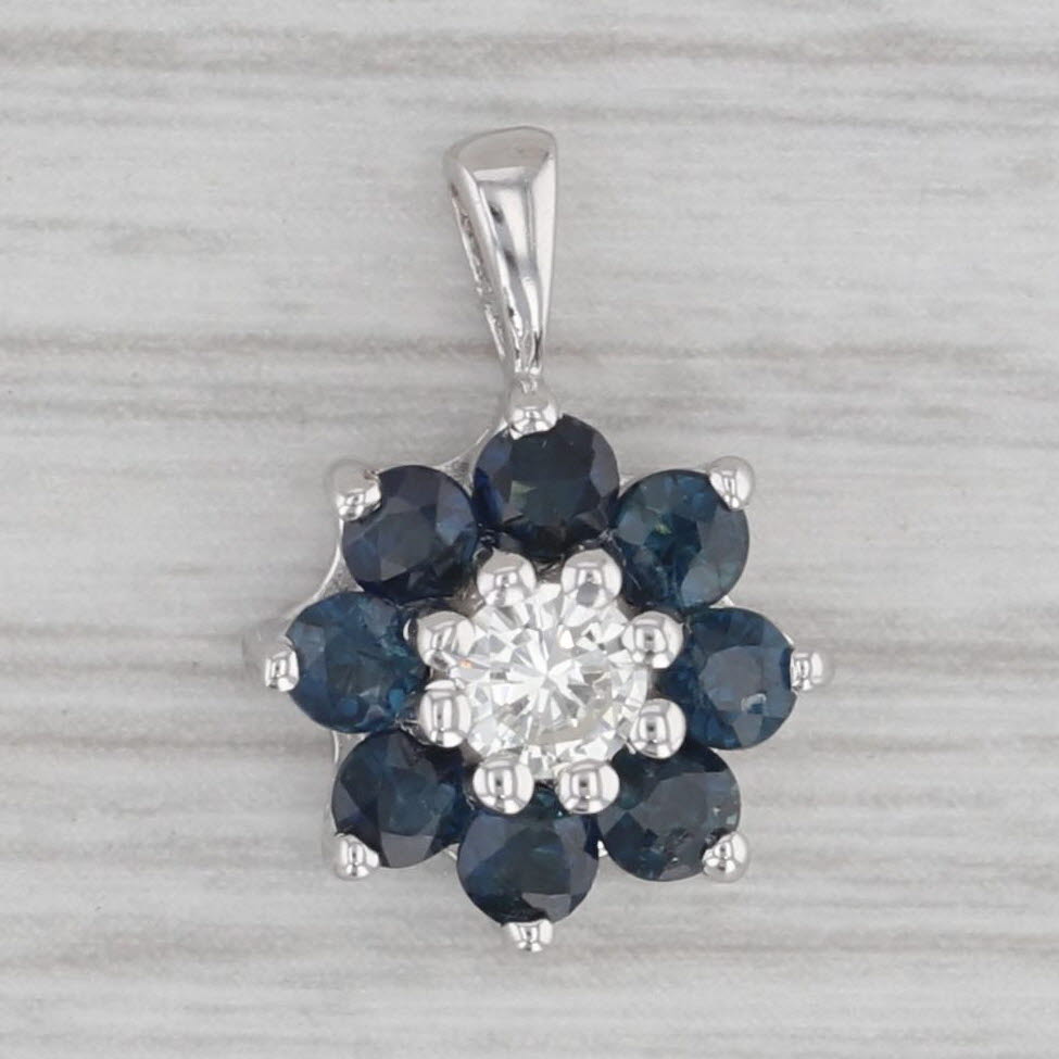 Gray 0.85ctw Blue Sapphire Diamond Flower Pendant 14k White Gold