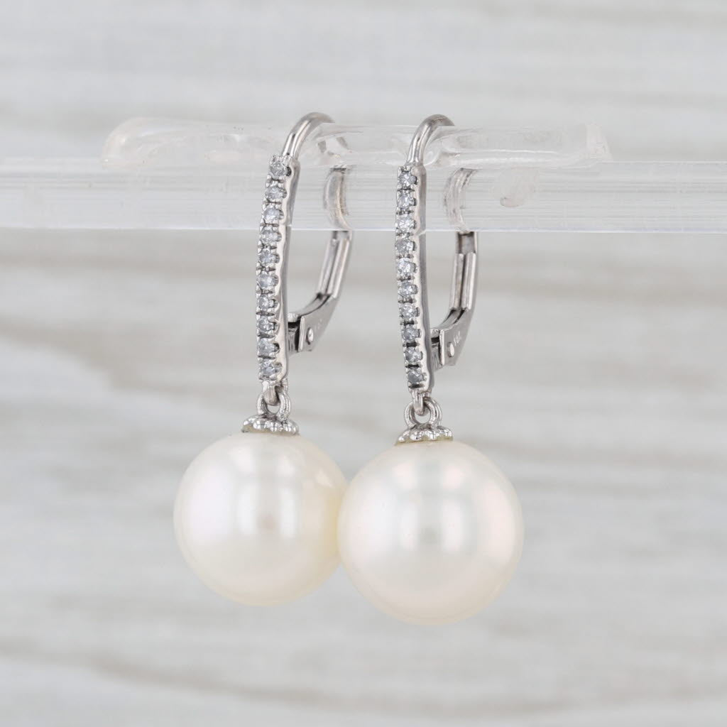 Cultured Pearl Diamond Drop Earrings 14k White Gold Lever Backs