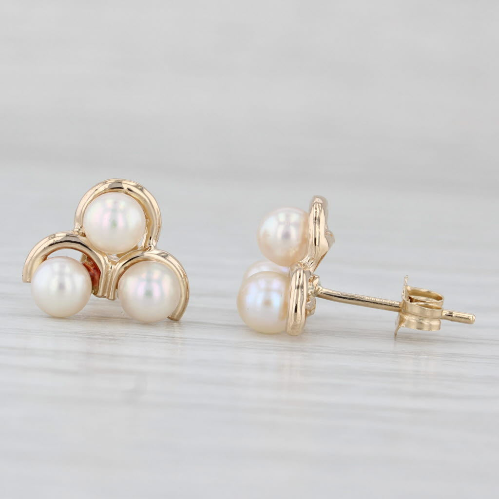 Light Gray Cultured Pearl 3-Bead Stud Earrings 14k Yellow Gold