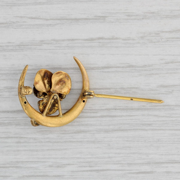 Gray Antique Flower Crescent Moon Cultured Pearl Brooch 14k Gold Art Nouveau Pin