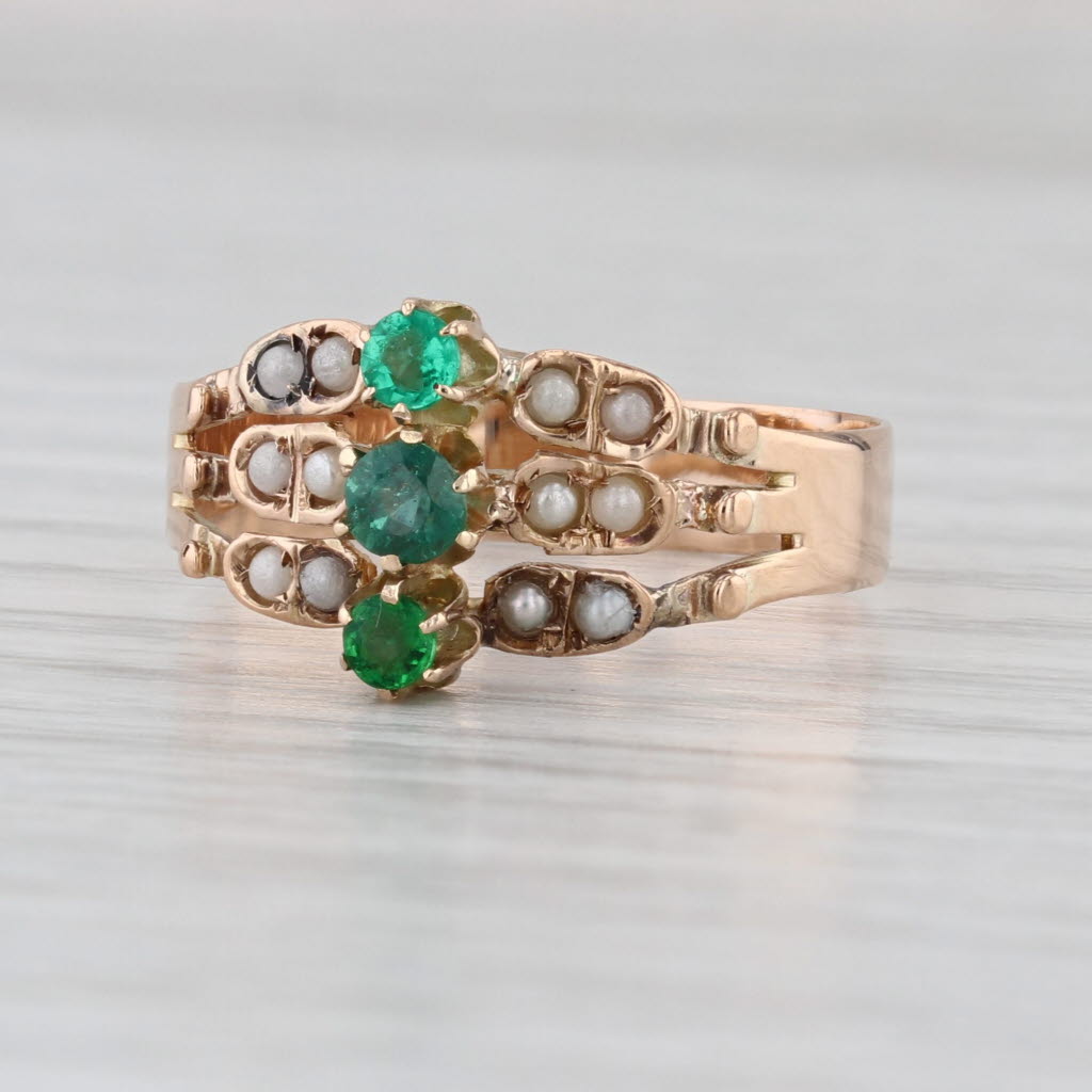 Antique Garnet Green Glass Doublet Imitation Pearl Ring 14k Yellow Gold Size 8.5