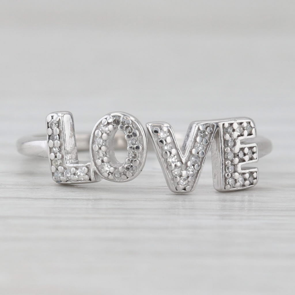 Diamond "LOVE" Ring 10k White Gold Size 6.5+ Adjustable