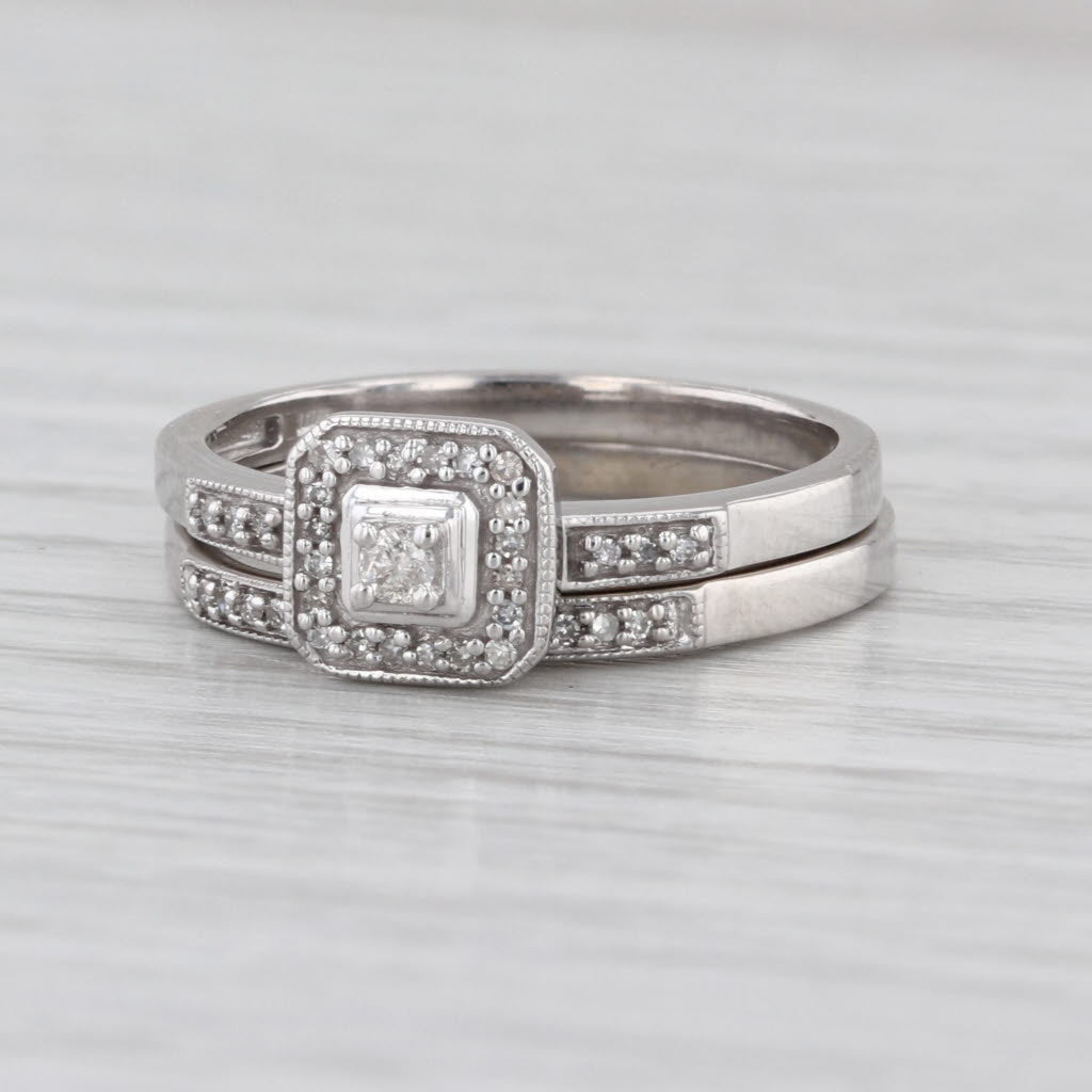 0.11ctw Diamond Halo Engagement Ring Wedding Band Bridal Set 10k White Gold