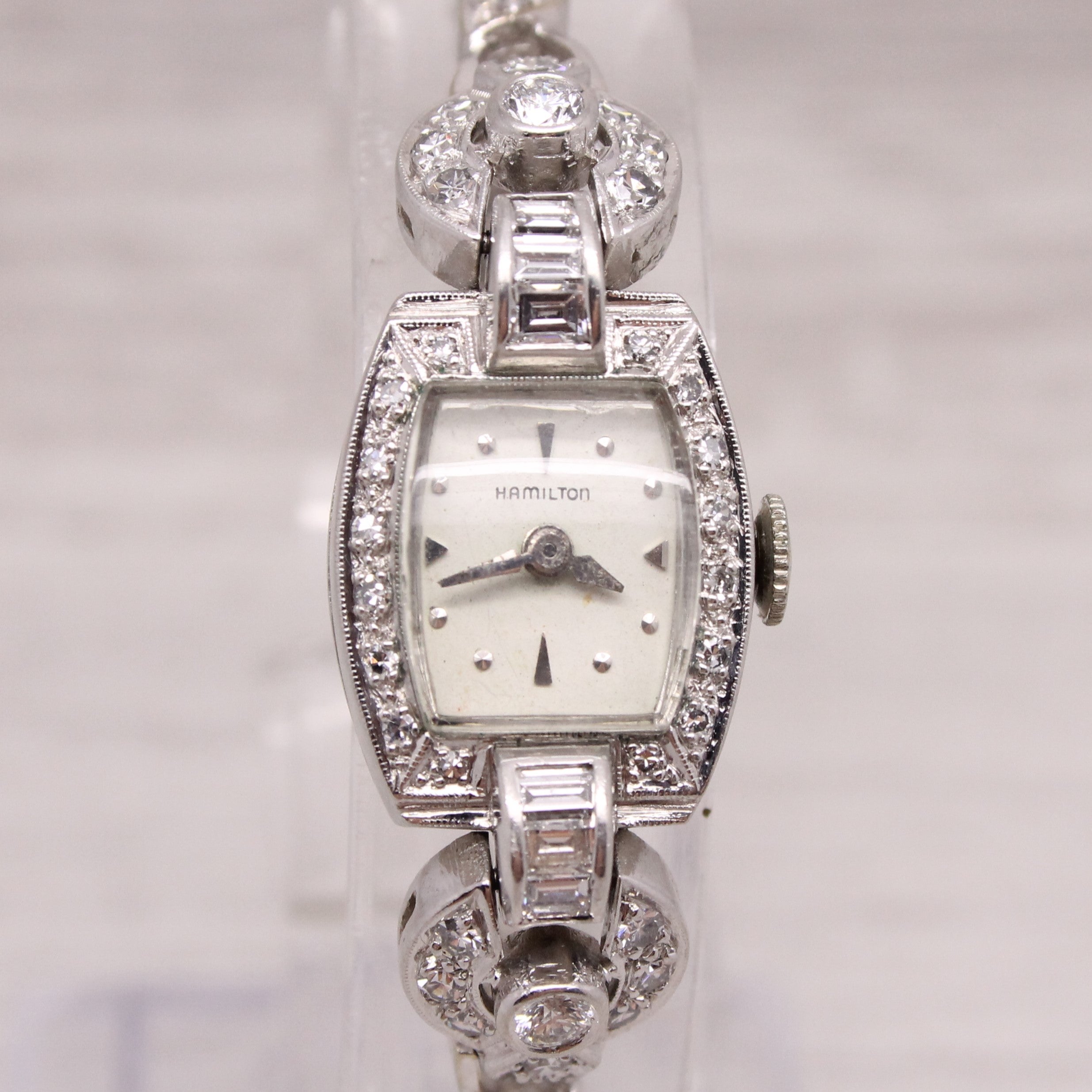 Gray Vintage c.1950's Hamilton Ladies 14k & Platinum Diamond Watch 1.19ctw SERVICED