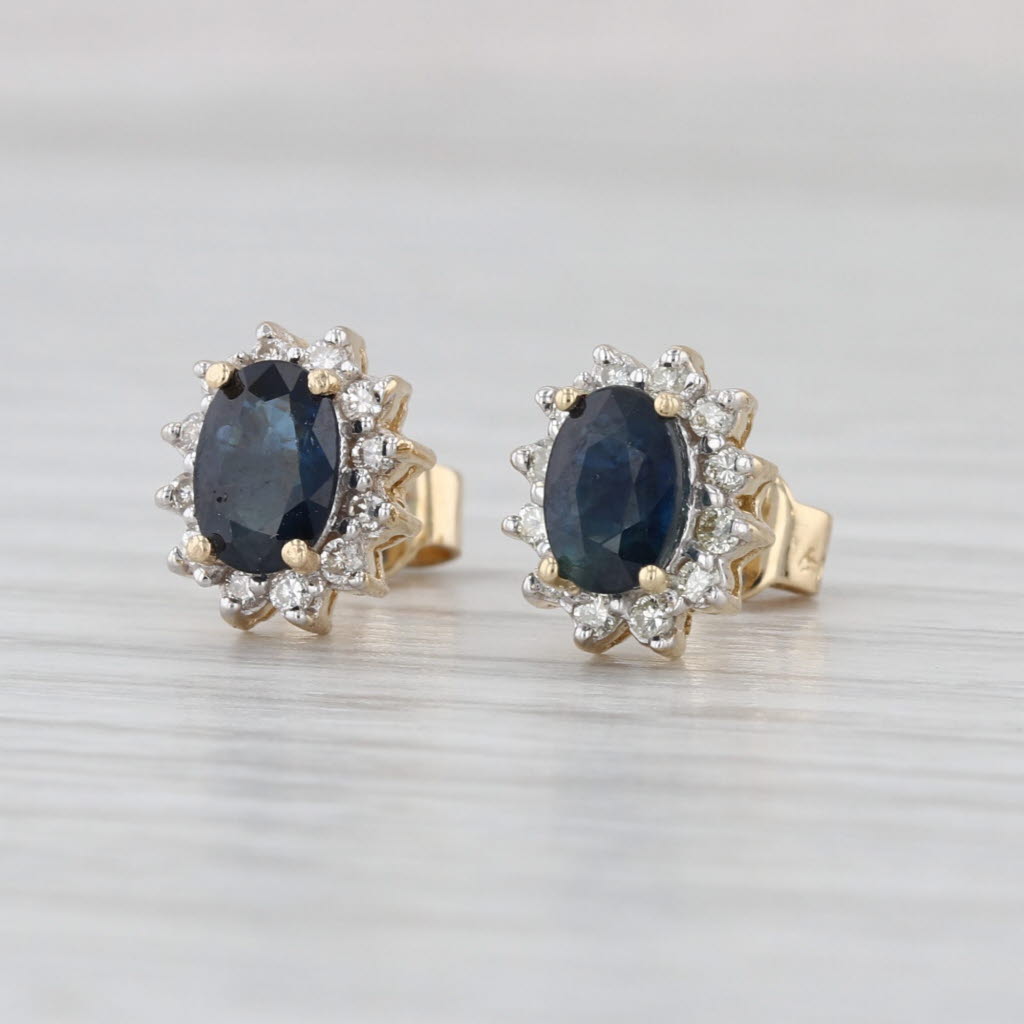 0.98ctw Oval Blue Sapphire Diamond Halo Stud Earrings 14k Yellow Gold Studs