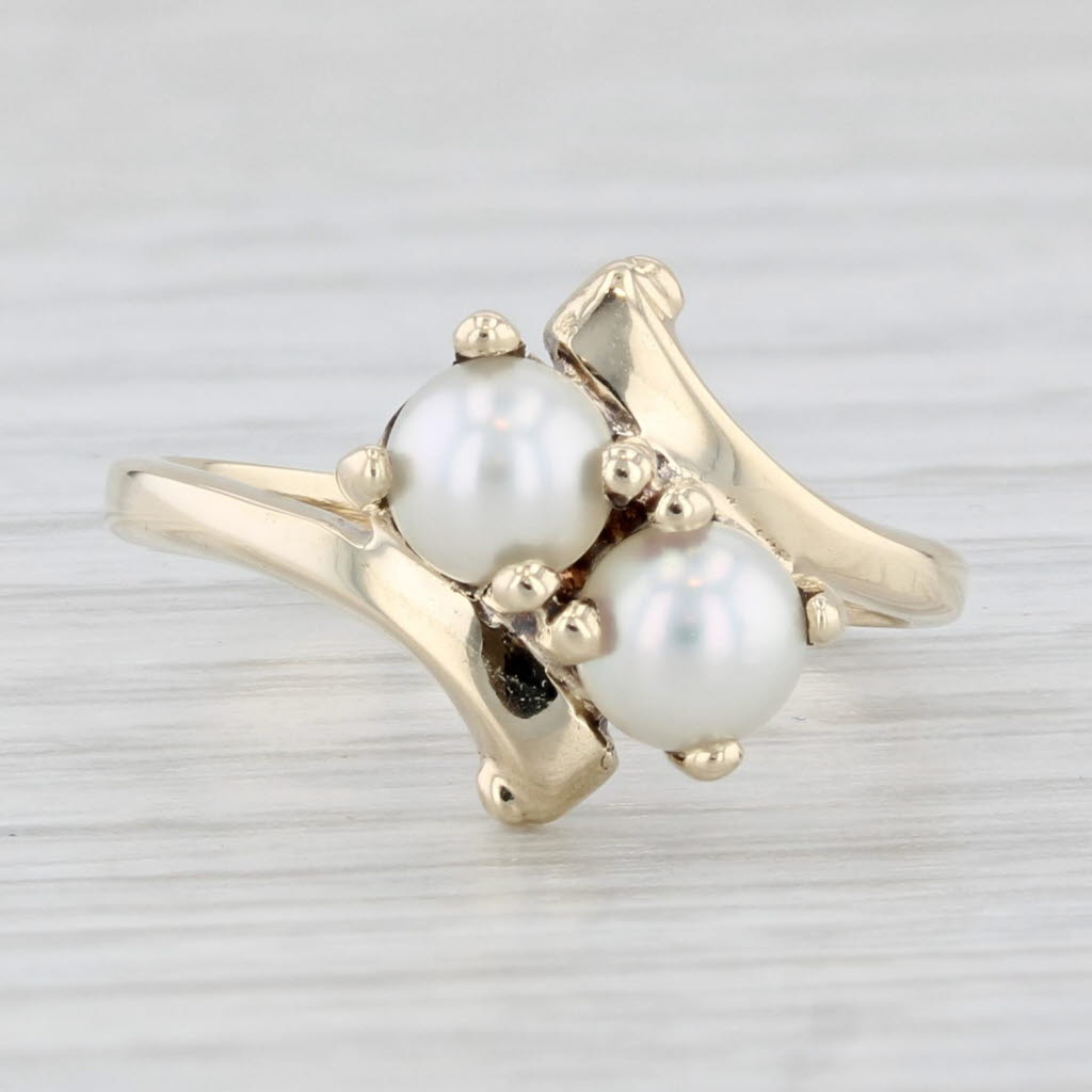 Light Gray Vintage Cultured Pearl Bypass Ring 10k Yellow Gold Size 4.5