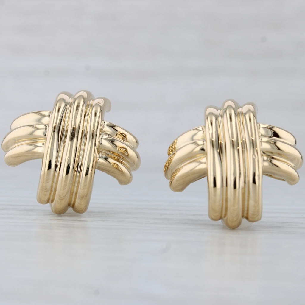 Gray Tiffany & Co Beveled X Stud Earrings w/ Box 18k Yellow Gold Omega Backs