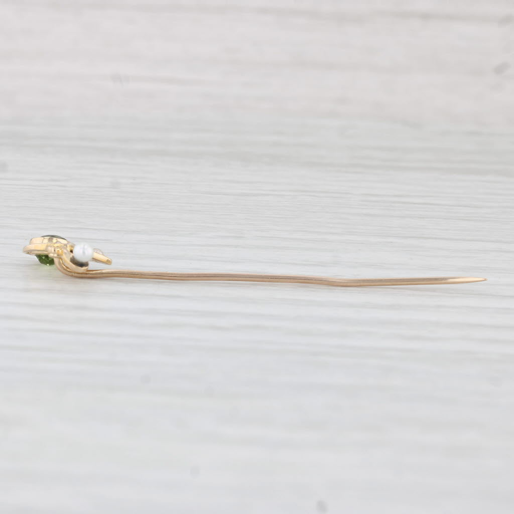 Light Gray Vintage Peridot Cultured Pearl Stickpin 14k 10k Yellow Gold