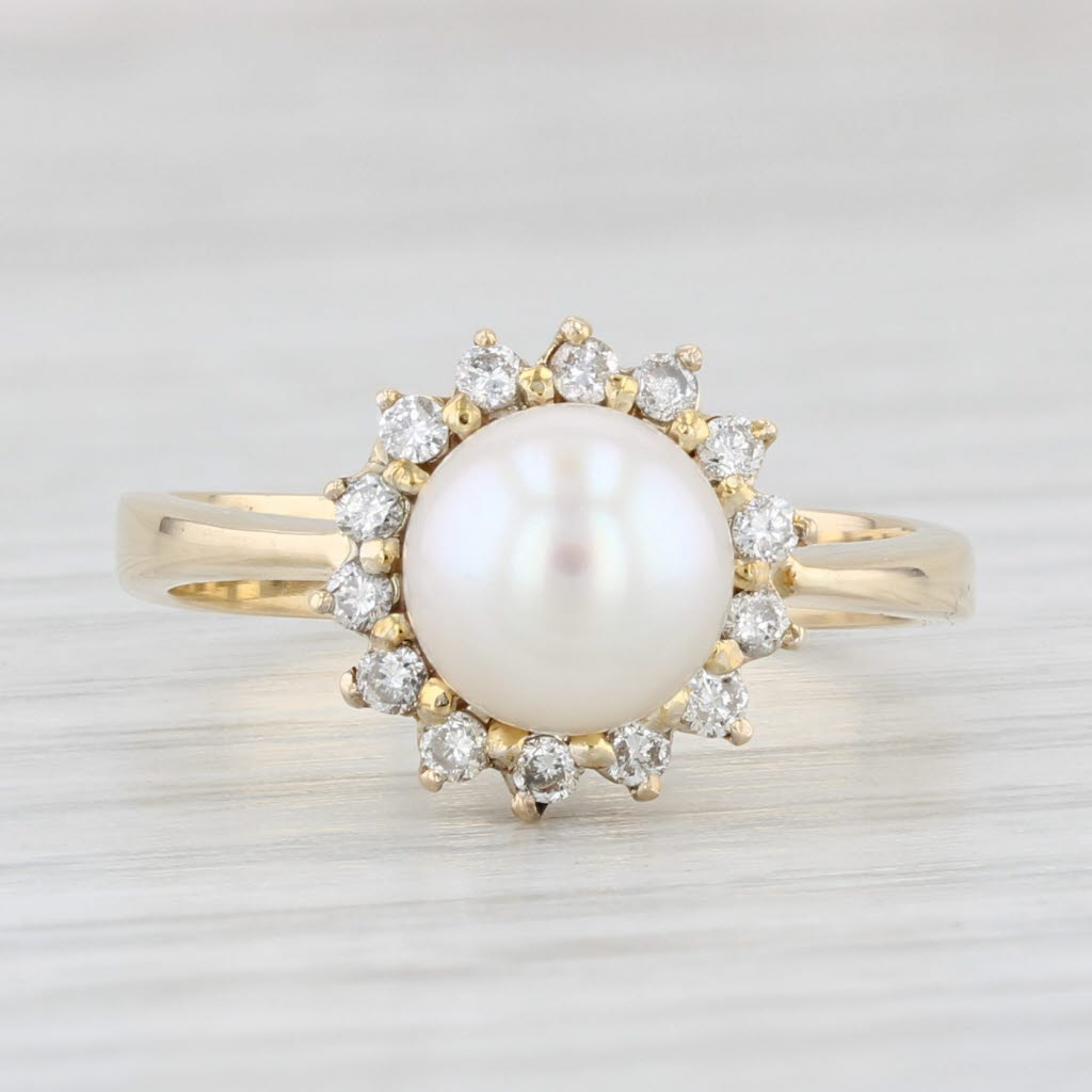 Light Gray Cultured Pearl 0.20ctw Diamond Halo Ring 14k Yellow Gold Size 6