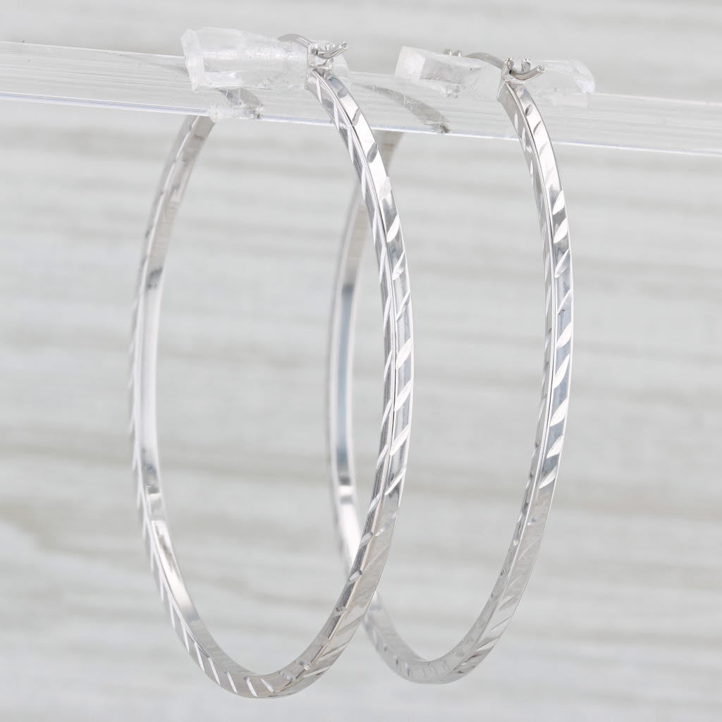 Light Gray Etched Pattern Hoop Earrings 14k White Gold Snap Top Large Round Hoops